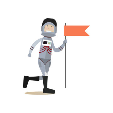 Astronaut with red flag flat vector illustration