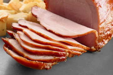 Traditional sliced honey baked ham, closeup