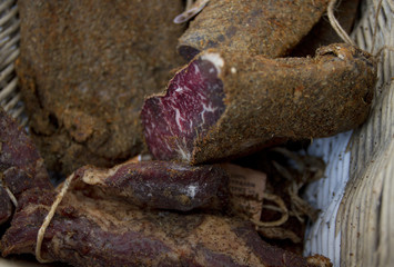 Pastrami or pastramy is a highly seasoned smoked beef, typically served in thin slices. Pastterma is a delicacy of beef, sheep, pork and goat meat. Jerked meat, pastirma