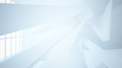 Abstract white interior multilevel public space with window. 3D illustration and rendering.