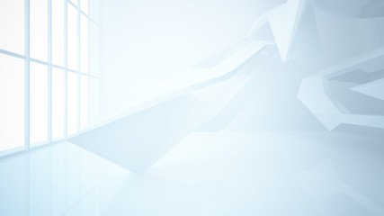 Abstract white interior multilevel public space with window. 3D illustration and rendering.