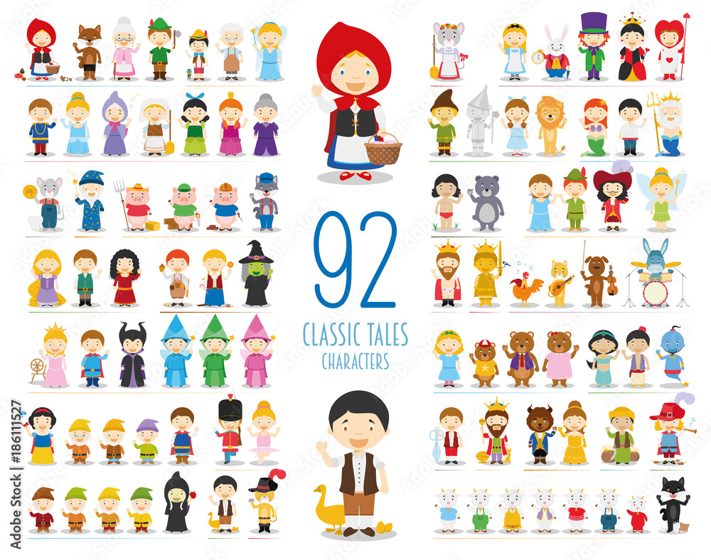 Fototapete Kids Vector Characters Collection: Set of 92 Classic Tales Characters in cartoon style