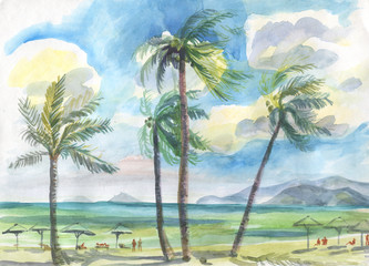 Obraz na płótnie Canvas palm trees on the beach watercolor