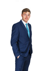 Business, people and office concept - happy smiling businessman in blue suit isolated on white.