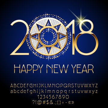Vector beautiful Greeting card Happy New Year 2018 with gold and diamond Snowflake. Set of chic Alphabet letters, Numbers and Punctuation Symbols