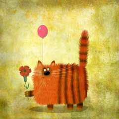 Cute Plump Cat Holding Flower And Balloon