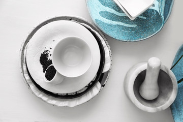 Set of dishware on table