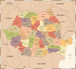 Romania Map - Vintage Detailed Vector Illustration