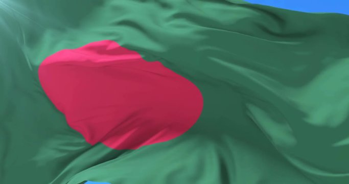Bangladeshi flag waving at wind in slow with blue sky, loop