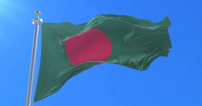 Bangladesh flag waving at wind in slow with blue sky, loop
