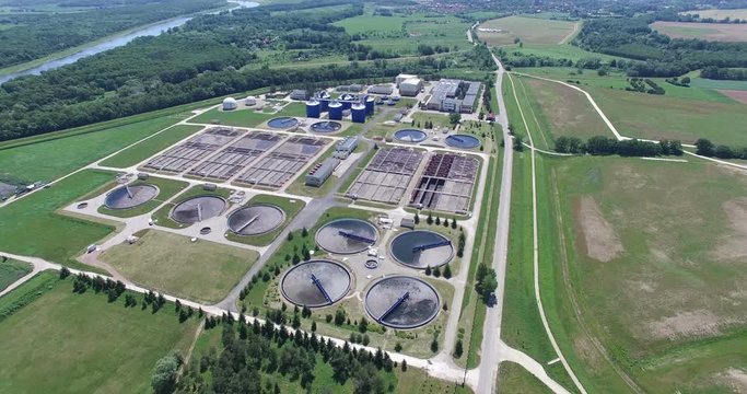 Aerial view of storage tanks in sewage water treatment plant
