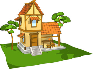 rustic house tile cartoon style green lawn trees old interesting architecture stovepipe porch table chairs annex yellow tile roof