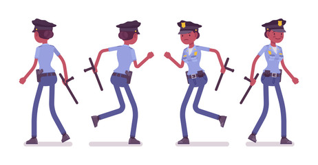 Young policewoman walking and running