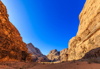 Scenic view of the yellow colored mountain rocks in the Wadi rum desert in Jordan at early-morning