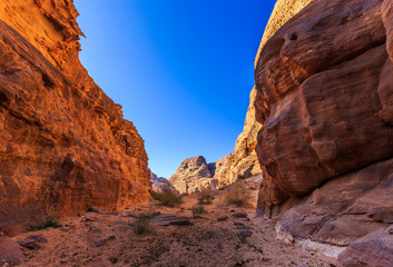 Scenic view of the yellow colored mountain rocks in the Wadi rum desert in Jordan at early-morning