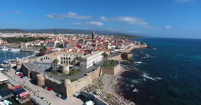 SARDINIA, ITALY  &ndash; JULY 2016 : Aerial shot of Isola Maddalena cityscape on a sunny day with sea and landscape in view