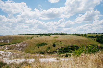 Fototapeta premium Landscape with summer steppe and cloudy sky in Donbass region of Ukraine