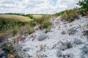 Landscape with summer steppe and cloudy sky in Donbass region of Ukraine
