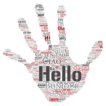 Vector concept or conceptual hand print stamp hello or greeting international tourism word cloud in different languages or multilingual. Collage of world, foreign, worldwide travel translate, vacation