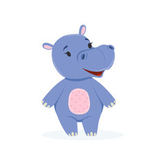 Funny baby hippo character, cute behemoth African animal vector Illustration