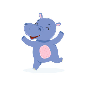 Funny happy baby hippo character jumping, cute behemoth African animal vector Illustration