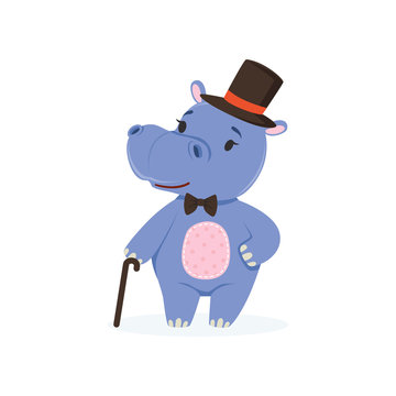 Funny baby hippo character wearing top hat and bow tie standing with cane, cute behemoth African animal vector Illustration