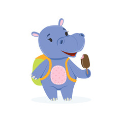 Funny baby hippo character with backpack eating ice cream, cute behemoth African animal vector Illustration