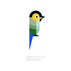 Logo template of colorful long-tailed broadbill. Small exotic bird made from geometric figures. Flat vector design for company logo, print or emblem