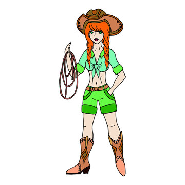 Redhead cowgirl with lasso. Vector illustration. Isolated on whi