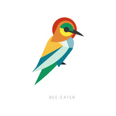 Beautiful silhouette of bee-eater composed from simple geometric shapes. Colorful abstract bird with long beak. Flat vector design for logo, print or label