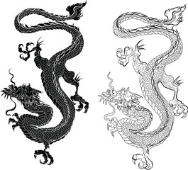 Hand drawn zentangle style Chinese dragon and sketch for tattoo.Dragon silhouette on white background.