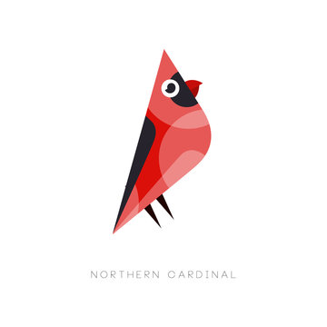 Minimal logo design of northern cardinal. Abstract bird with bright red plumage. Isolated flat vector element for company label, print or zoo store