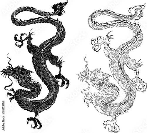 Fototapete Hand Drawn Zentangle Style Chinese Dragon And Sketch For Tattoo Dragon Silhouette On White Background Nipatsara