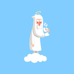 Adorable cartoon god character standing on white cloud with cup of tea. Bearded man creator with halo on his head. Flat vector