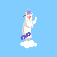 Cute god character wearing cap and holding skate board. Religious theme for children book, card, poster. Flat vector isolated on blue background.