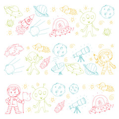 Fototapeta premium Moon surface. Kindergarten children play space exploration. Alien, ufo, spaceship. rocket. Children, boys and girls with moon, mars, saturn, jupiter