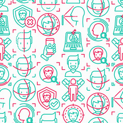 Face ID seamless pattern with thin line icons: face recognition, scanning, mobile authentication, approved, disapproved, face detect. Modern vector illustration.