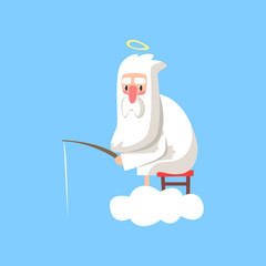 God character in action. Lord sitting on cloud with halo over his head and fishing. Christian theme cartoon style illustration. Flat vector isolated on blue.