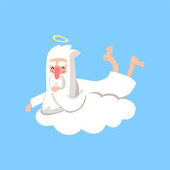 Happy god character resting on white cloud. Creator's daily routine. Christian religious theme. Flat vector isolated on blue background.