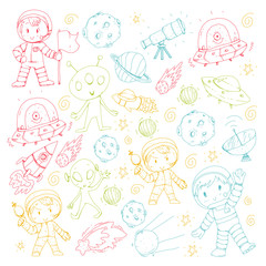 Fototapeta premium Moon surface. Kindergarten children play space exploration. Alien, ufo, spaceship. rocket. Children, boys and girls with moon, mars, saturn, jupiter