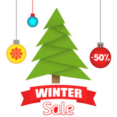 Vector illustration of spruce and inscriptions "New Year's sale" at a discount.