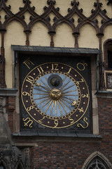 Astronomical clock on old city hall tower in Wroclaw, Poland