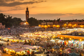 Jamaa el Fna market square, Marrakesh, Morocco, north Africa. Jemaa el-Fnaa, Djema el-Fna or Djemaa...