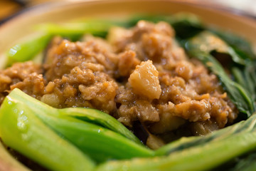 clay pot rice with pork and vegetable