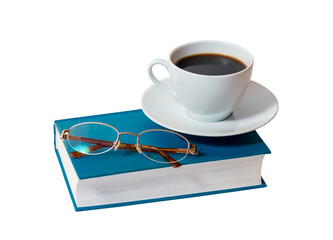 White cup of coffee and book with glasses isolated on white background