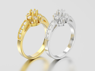 3D illustration two yellow and white gold or silver decorative flower diamond rings