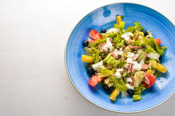 Vegetable salad and mozzarella, tuna and capers. Italian cuisine. Free space for your text. Top view.