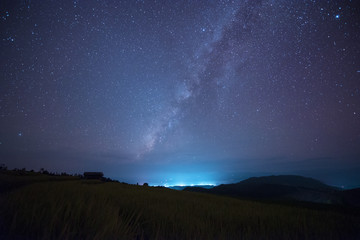 Milky way over landscape view at night.
