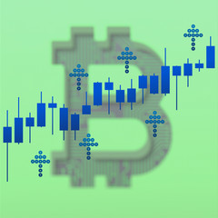 Bitcoin growth market chart and up arrows with blur effect. 3D illustration