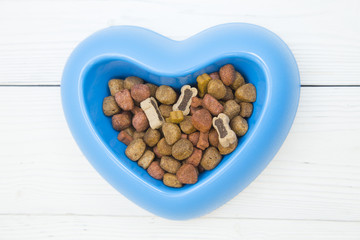 Pet food in a blue bowl